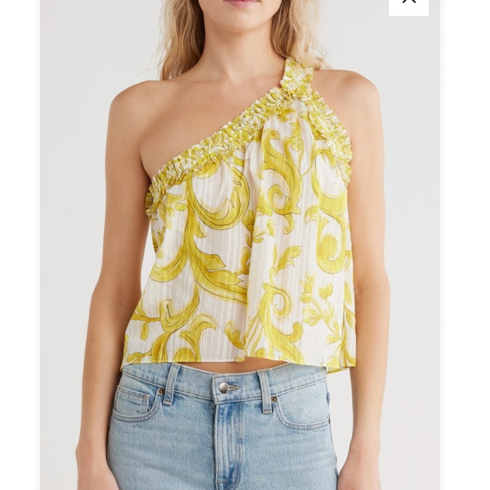Ramy Brook Yellow White Baroque Print One Shoulder Ruffle Top Size L NWT